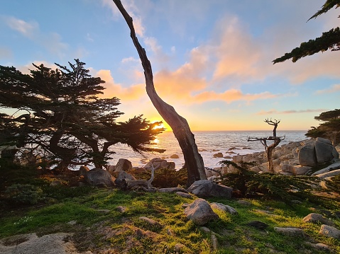 Pebble Beach is located on the Monterey Peninsula, California. Fairytale places with beautiful beaches and sunsets.