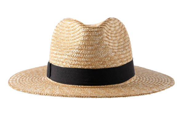 Straw fedora hat isolated. Summer hat with black ribbon. Cap on white background.
