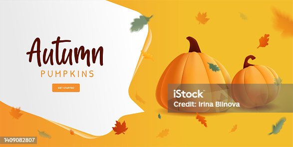 istock Banner autumn with illustration of realistic pumpkins and flying leaves. 1409082807