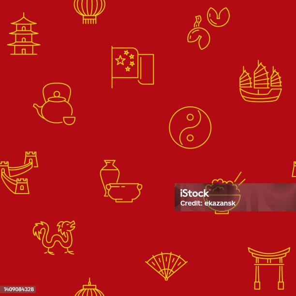 Red China Pattern Red China Seamless Pattern In Line Style Stock Illustration - Download ...