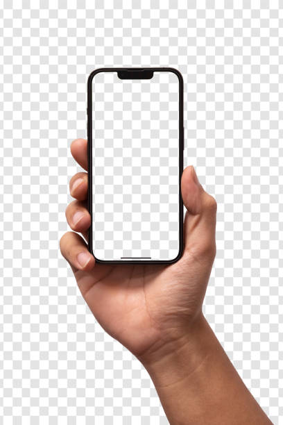 hand hält das schwarze smartphone iphone mit leerem bildschirm und modernem rahmenlosem design, halten sie handy auf transparenten hintergrund clipping path - freisteller neutraler hintergrund stock-fotos und bilder