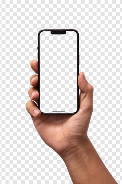 sosteniendo a mano el iphone negro del teléfono inteligente con pantalla en blanco y diseño moderno sin marco, sostenga el teléfono móvil en un fondo transparente clipping path - manos fotografías e imágenes de stock