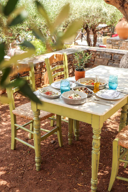 istock Greek Dinner Table with Food and Plates under olive trees with Cretan delicacies 1409086170
