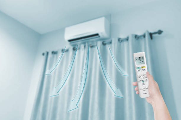 istock woman holding air conditioner remote control with air conditione 1409088456