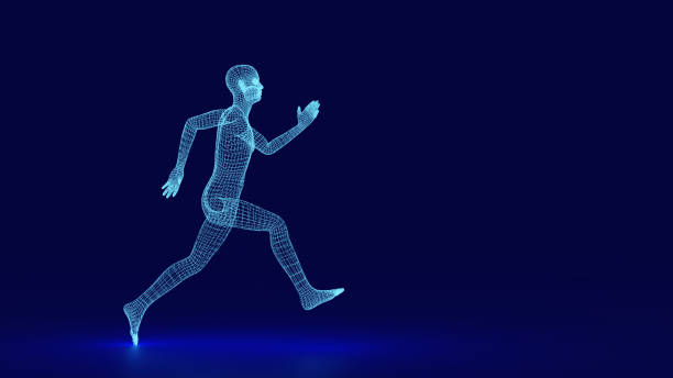 istock Wire frame human full body in virtual reality. Medical blueprint scanned 3D model. Polygonal technology design. Sprinter Running figure, 3d rendering 1409088947