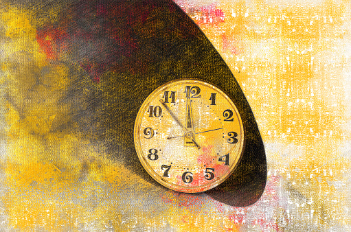 Dial of vintage watch on gray background. Hands of clock show  time close to 12 o'clock. Mechanical table clock in a gilded setting. Digital watercolor painting. Canvas texture