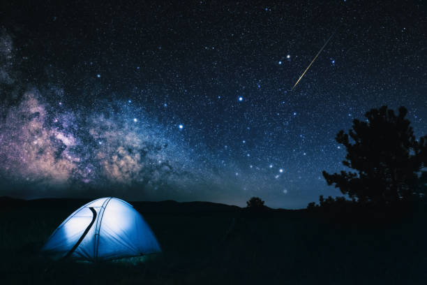 istock Camping tent in wilderness under the Milky way stars. 1409090512