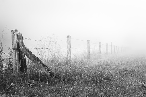 Rural fence in black and white with wooden pole and barbed wire in the landscape