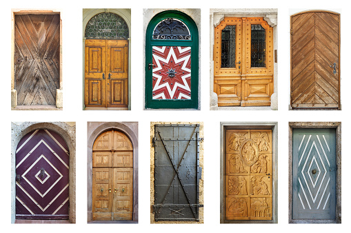 A Large Collection of European Entraance Doors Isolated on White