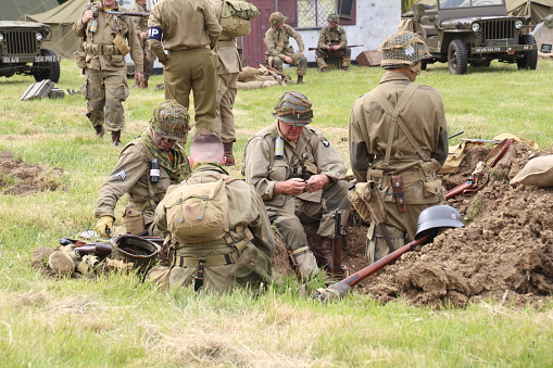 The Solent Overlord Military Collectors Club staging a re-enactment of a second world war battle. The aim is not to glorify war, but to educate the watching public of a by gone era of World history.