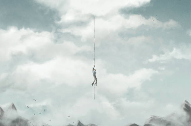 istock Illustration of man climbing a rope in the sky, ascension surreal abstract concept 1409093019