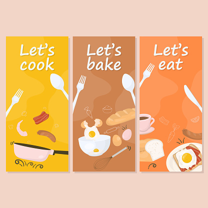 Set of food banner with a cook, bake, and eat concept. Colorful and hand drawn style.