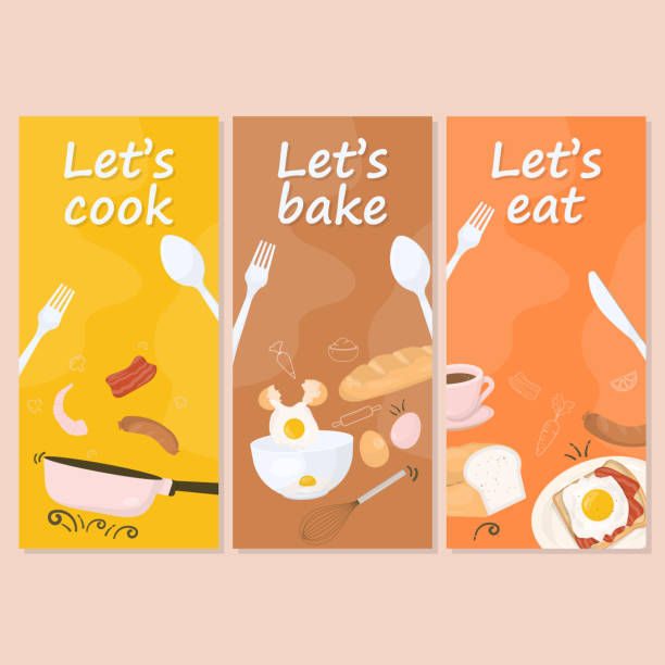 Set of food banner with cook and bake concept Set of food banner with a cook, bake, and eat concept. Colorful and hand drawn style. breakfast background stock illustrations