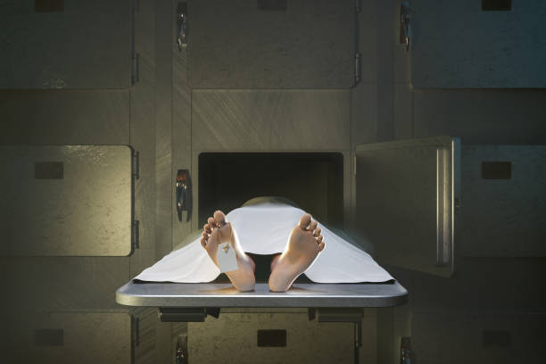 Body of dead man in hospital morgue Body of dead man in open cell in hospital morgue - 3d rendering morgue stock pictures, royalty-free photos & images