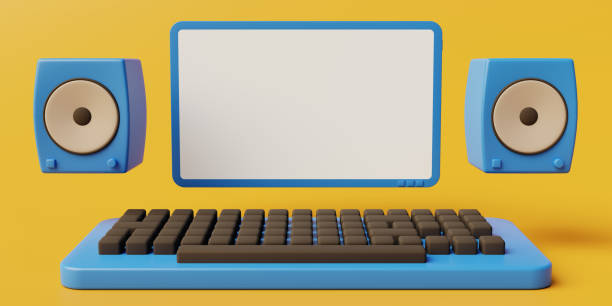 istock Blue desktop computer with speakers and keyboard in foreground and yellow background 1409095208