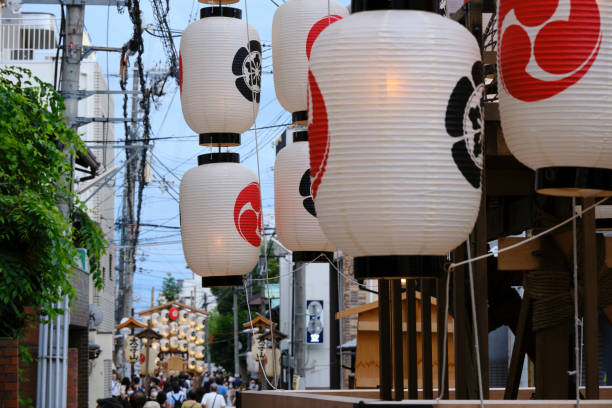 Lanters hang over a street during the Gion Festival stock photo