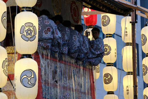 Musician at the top of a parade float play music during the Gion Festival stock photo