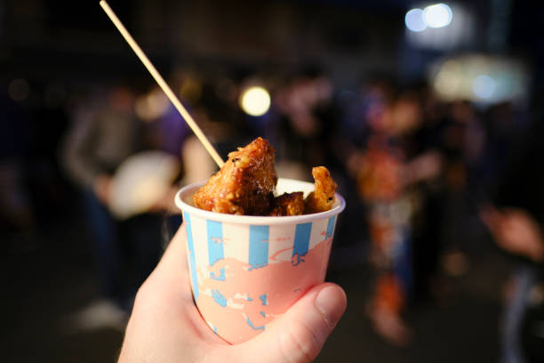 Spicy Oita karaage in a cup at the Gion Festival stock photo