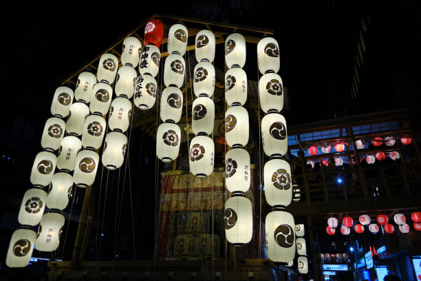 Parade float illuminated at night during the Gion Festival stock photo