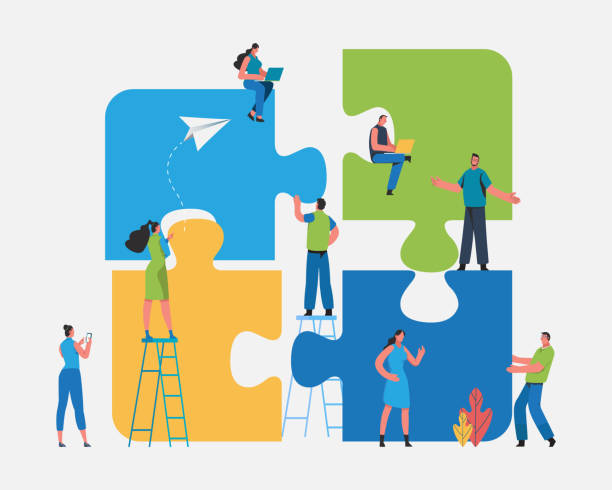 istock Teamwork successful together concept. Marketing content. Harmonious business people Holding the big jigsaw puzzle piece. Flat cartoon illustration vector graphic design 1409096755