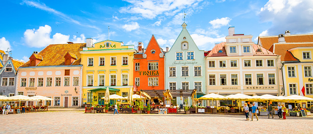 Tallinn, Estonia - 3 June, 2022: Tallinn old town scenic skyline, colorful houses on Town Hall Square