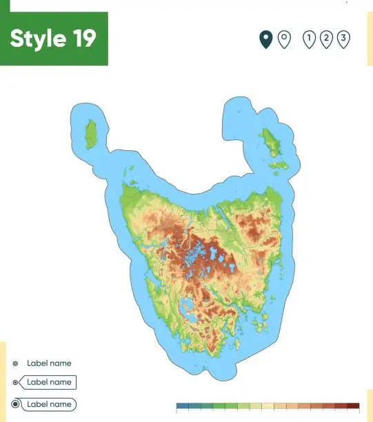 Vector illustration of Tasmania, Australia - high detailed physical map. Vector map. Dem map.