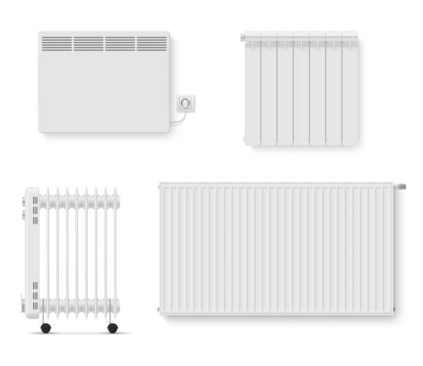 ilustraciones, imágenes clip art, dibujos animados e iconos de stock de generador de temperatura del radiador de calor control de clima interior diferentes tipos de conjunto de vectores realistas - radiator
