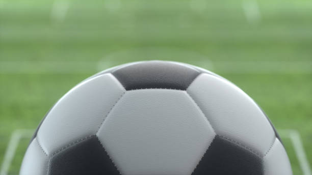 Classic Soccer Ball on Stadium Field. Grass Football Pitch