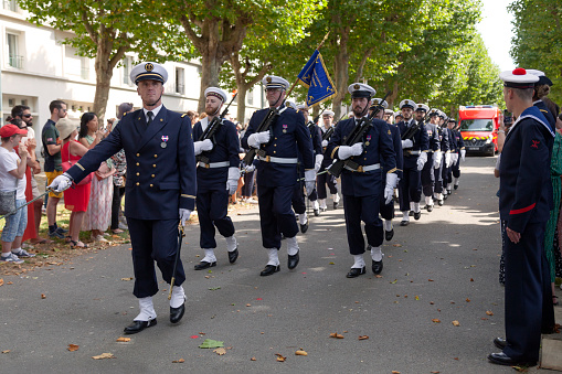 Brest, France - July 14 2022: Sailors from the logistics department of the Brest navy parading for July 14th.