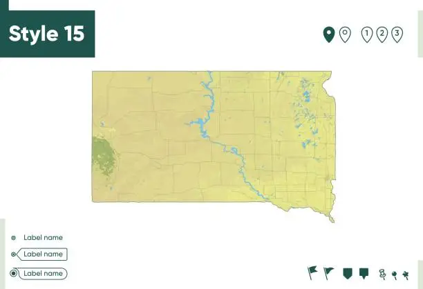 Vector illustration of South Dakota, USA - map with shaded relief, land cover, rivers, lakes, mountains. Biome map.