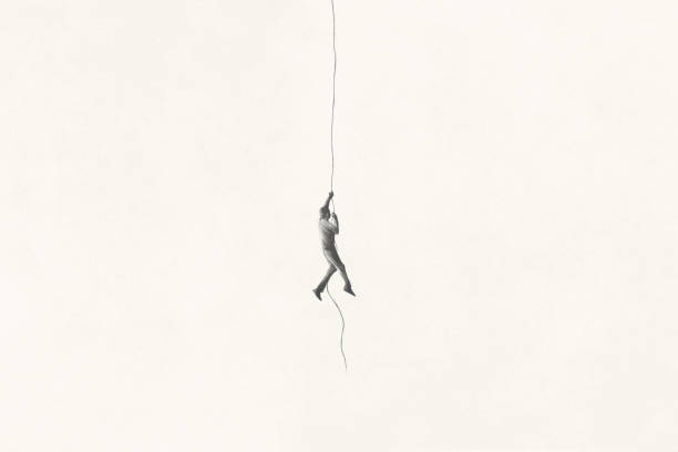 ilustraciones, imágenes clip art, dibujos animados e iconos de stock de ilustración de un hombre minimalista en blanco y negro trepando una cuerda, concepto surrealista abstracto - hombre colgado