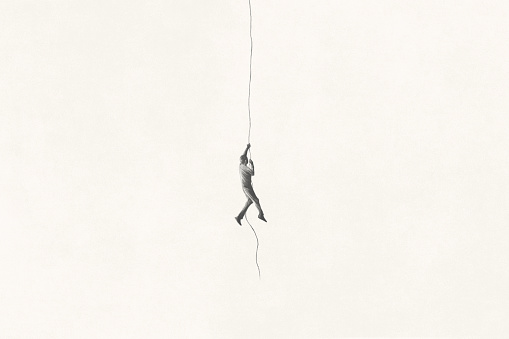 Illustration of man climbing a rope in the sky, ascension surreal abstract concept