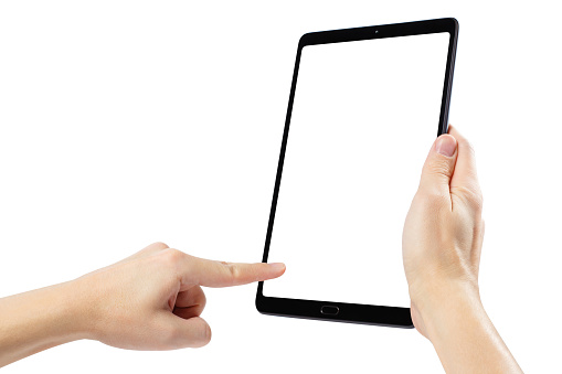 Hands with black tablet computer, isolated on white background