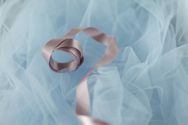 Beautiful pastel-colored ribbon twisted on light blue tulle fabric. Top view