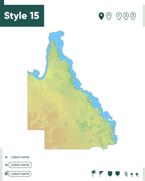 illustrations, cliparts, dessins animés et icônes de queensland, australie - carte avec relief ombragé, couverture terrestre, rivières, lacs, montagnes. carte du biome. - queensland