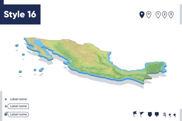 istock Mexico - map with shaded relief, land cover, rivers, mountains. Biome map with shadow. 1409110874