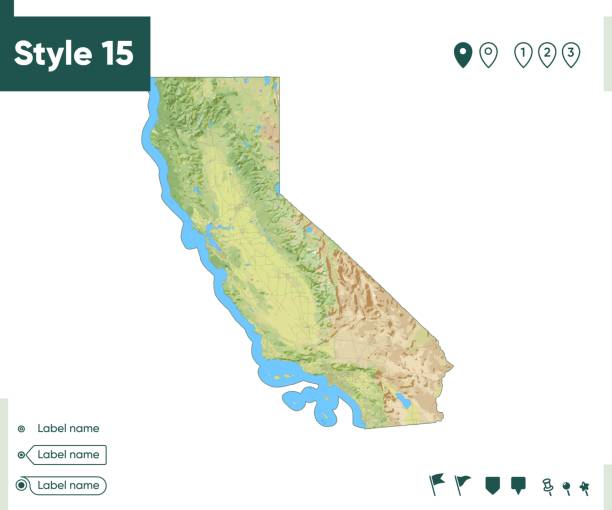 istock California, USA - map with shaded relief, land cover, rivers, lakes, mountains. Biome map. 1409112641