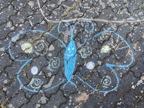 Children paint a butterfly with colored chalk on paving stones.