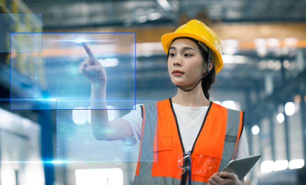 istock High-tech factory women hand click virtual screen 1409113063