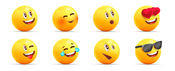 Smiley face 3d icons or yellow emojies with dofferent happy expressions, spheric characters loaughing, in love and cool Smiley face 3d icons or yellow emojies with dofferent happy expressions, spheric characters loaughing, in love and cool, isolated admired stock illustrations