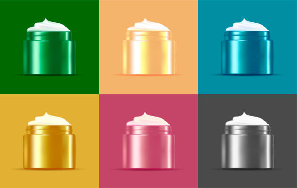 istock Set of realistic cream jar 3d mockups, different colors on same color background, open with cream 1409114968