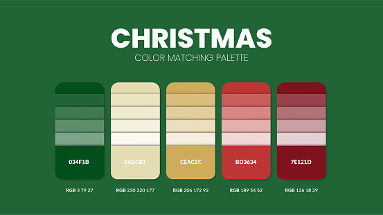 Christmas theme color palettes or color schemes are trends combinations and palette guides this year, a table color shades in RGB or HEX. A color swatch for a spring fashion, home, or interior design.