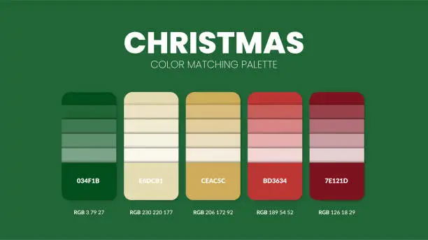 Vector illustration of Christmas theme color palettes or color schemes are trends combinations and palette guides this year, a table color shades in RGB or HEX. A color swatch for a spring fashion, home, or interior design.