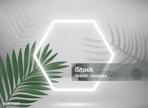 istock Bright stage with neon frame and palm leaves. 3d vector illustration 1409119009