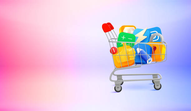 istock Full trolley of mobile application icons. 3d vector banner with copy space 1409119125