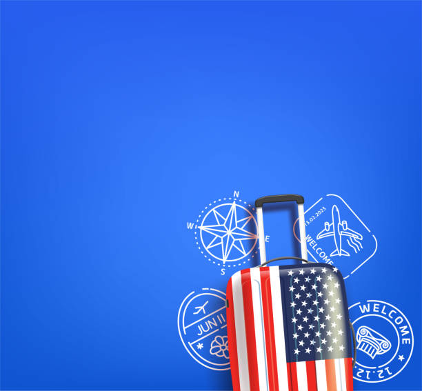istock Travel banner with USA bag, doodle stamps and copy space. Vector illustration 1409119127