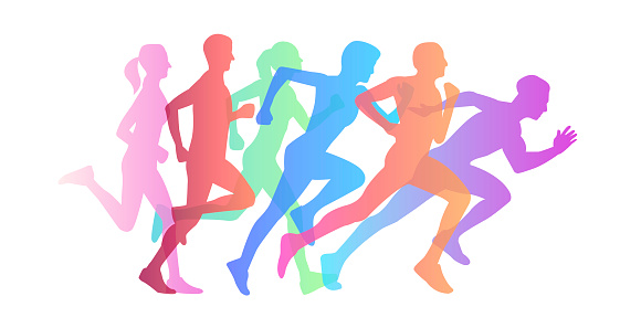 Graphic composition of people running maraphone, gradient silhouettes from jogging to speed run, isolated illustration