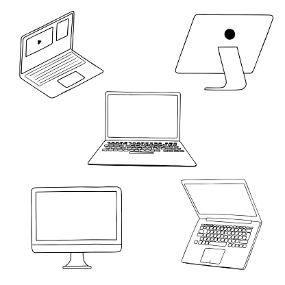 Doodle set of digital devices computer, desktop, hand drawn. Vector sketch illustration isolated over white background.