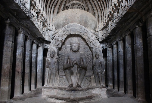 Inside shot of one of the ancient Buddhist caves of Ajanta located in the state of Maharashtra, India