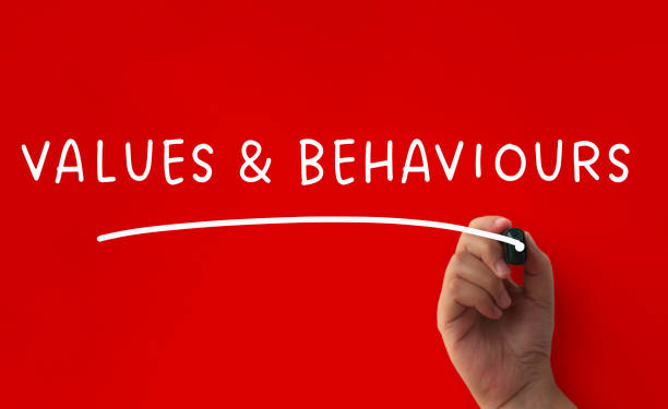 istock Values and behaviour text on red cover background. Conceptual 1409122751